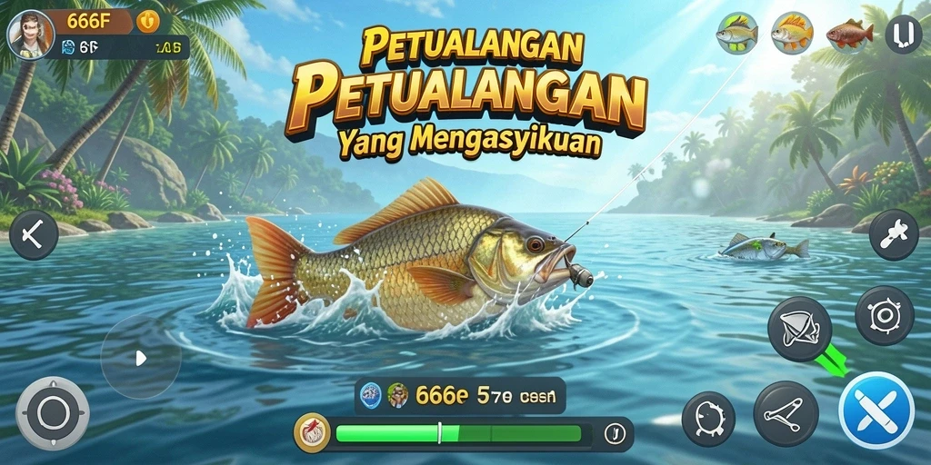 Gameplay seru menangkap ikan dalam 666F dengan grafik menawan.