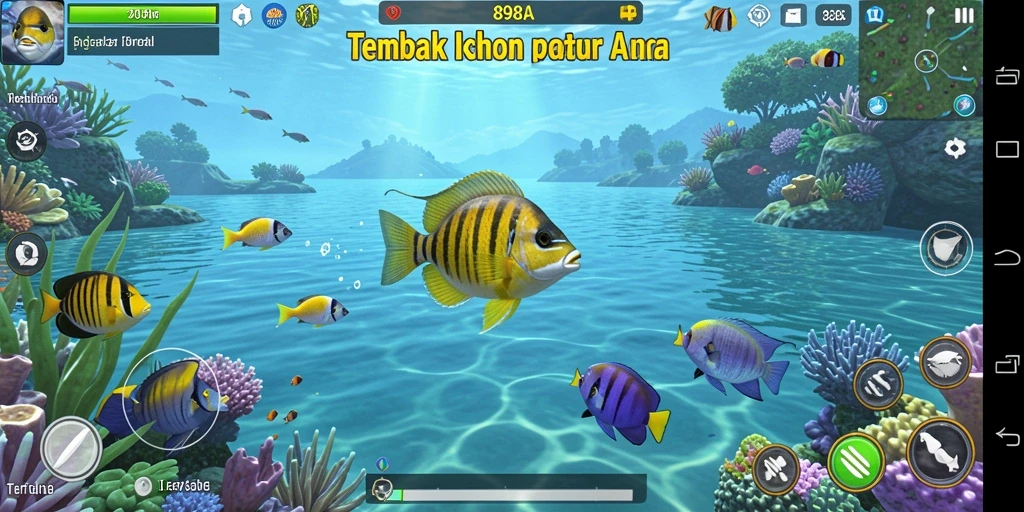 Screenshot utama menunjukkan pemain menembak ikan di lautan.