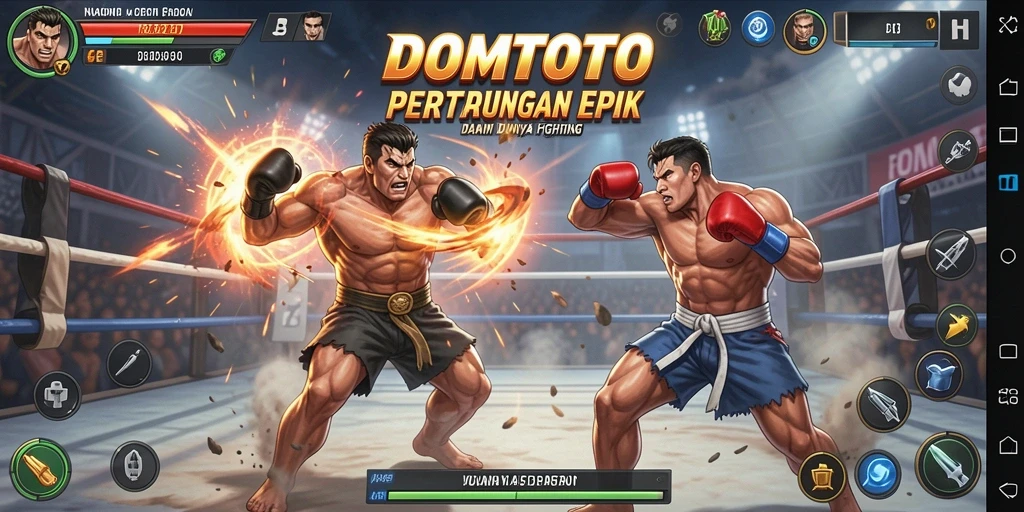Screenshot menampilkan karakter bertarung di arena yang dinamis dan penuh warna.