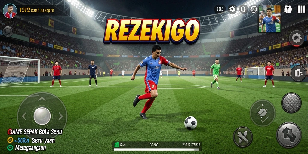 Tangkapan layar utama REZEKIGO menampilkan aksi seru di lapangan sepak bola.