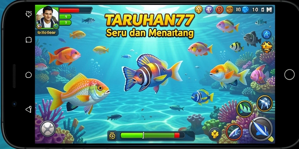 Gameplay seru TARUHAN77 dengan menembak ikan berwarna-warni.
